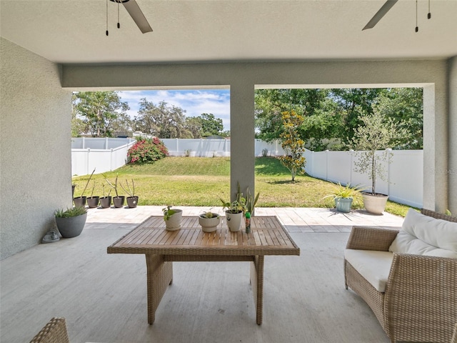 view of patio / terrace featuring a ceiling fan and a fenced backyard