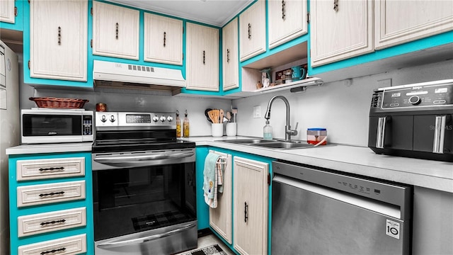 kitchen featuring open shelves, light countertops, a sink, appliances with stainless steel finishes, and exhaust hood