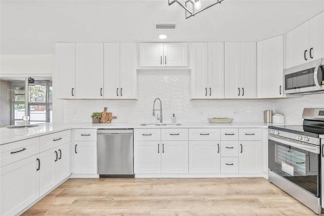 kitchen with appliances with stainless steel finishes, a sink, light countertops, white cabinetry, and backsplash