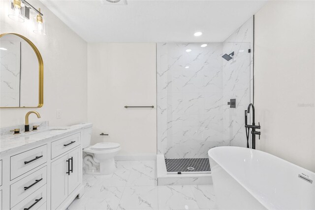bathroom featuring marble finish flooring, a marble finish shower, vanity, a soaking tub, and toilet