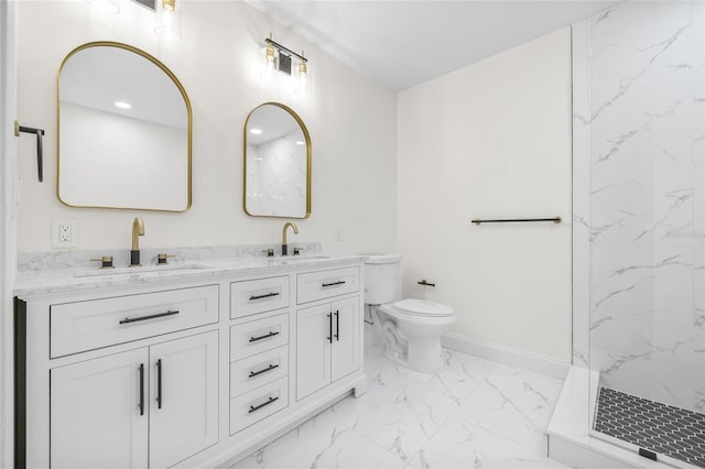 bathroom with marble finish flooring, toilet, baseboards, a marble finish shower, and double vanity