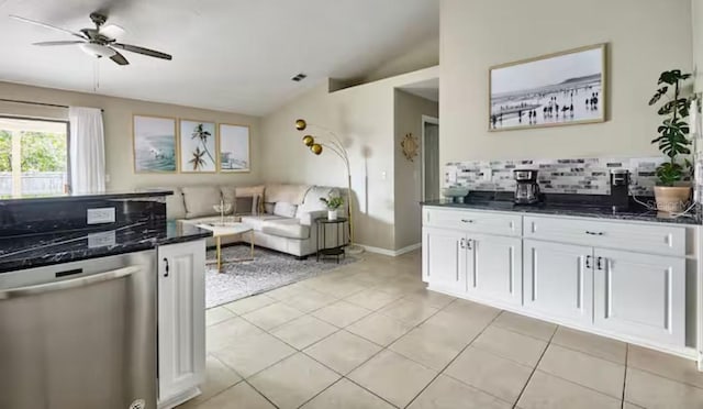 728 Alford St SE, Palm Bay, FL 32909 - living area with light tile patterned flooring, a ceiling fan, baseboards, lofted ceiling, and visible vents