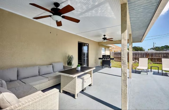 728 Alford St SE, Palm Bay, FL 32909 - view of patio featuring an outdoor hangout area, fence, ceiling fan, and a grill