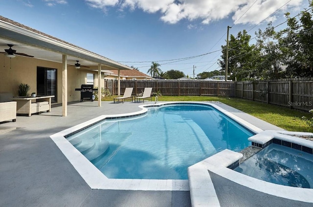 728 Alford St SE, Palm Bay, FL 32909 - view of swimming pool with a pool with connected hot tub, ceiling fan, a fenced backyard, a patio, and a grill