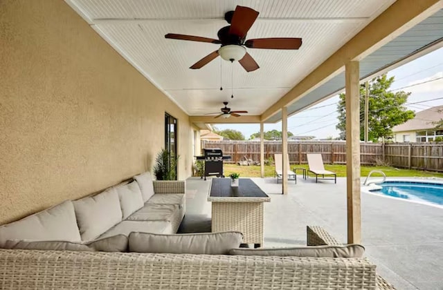 728 Alford St SE, Palm Bay, FL 32909 - view of patio / terrace with a fenced backyard, a fenced in pool, ceiling fan, and an outdoor living space