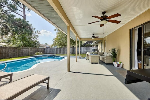 728 Alford St SE, Palm Bay, FL 32909 - view of swimming pool with ceiling fan, outdoor lounge area, a fenced backyard, a fenced in pool, and a patio