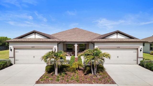 ranch-style home featuring a garage, stucco siding, driveway, and a shingled roof