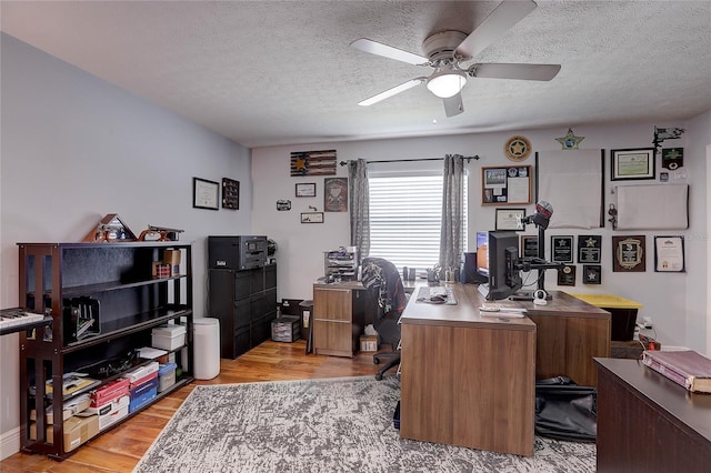 home office featuring a ceiling fan, a textured ceiling, and light wood-style floors
