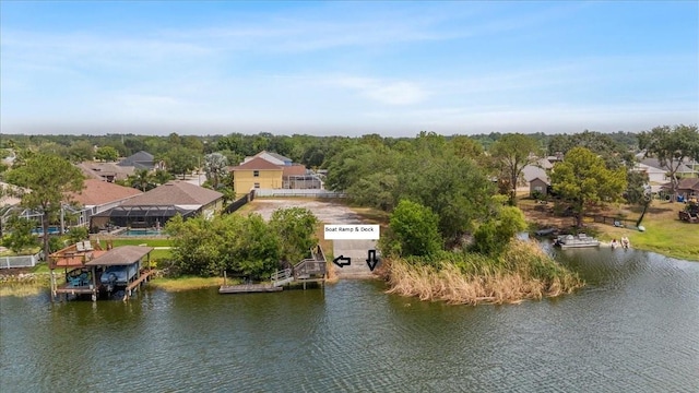aerial view featuring a water view and a residential view