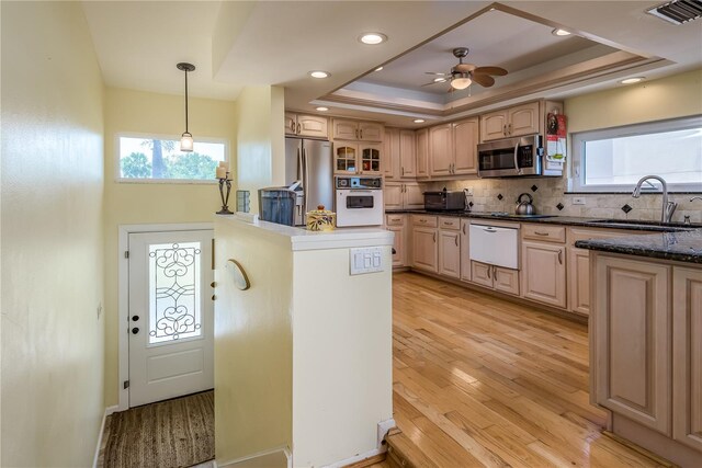 2202 Donato Dr, Belleair Beach, FL 33786 - kitchen featuring appliances with stainless steel finishes, a sink, a raised ceiling, light wood-type flooring, and visible vents