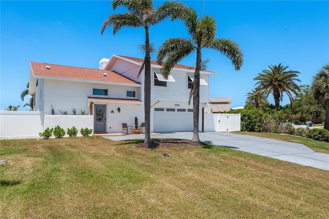 2202 Donato Dr, Belleair Beach, FL 33786 - view of front of house featuring fence, a front lawn, concrete driveway, an attached garage, and stucco siding