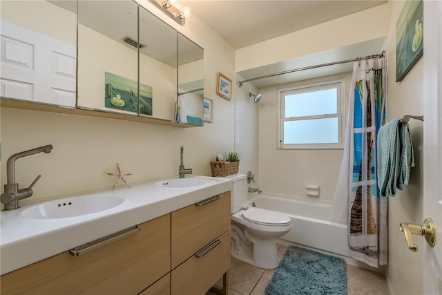 2202 Donato Dr, Belleair Beach, FL 33786 - bathroom with toilet, shower / bath combination with curtain, a sink, and tile patterned flooring