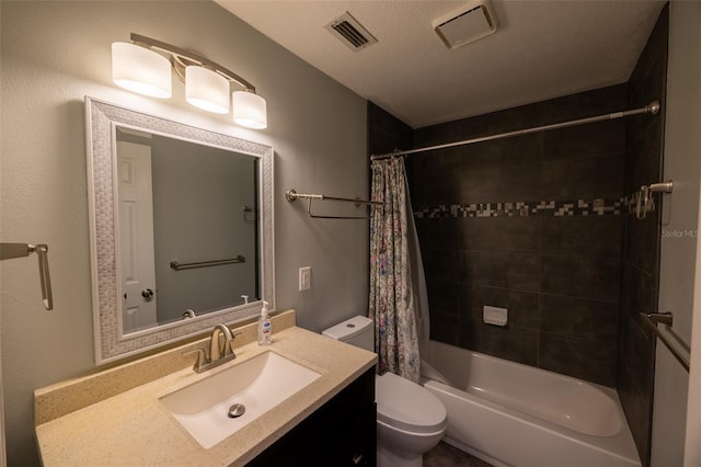 full bath with shower / tub combo, vanity, toilet, and visible vents