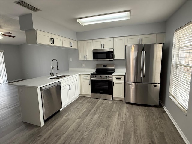 1010 Lochmont Dr, Brandon, FL 33511 - kitchen featuring a sink, stainless steel appliances, a ceiling fan, wood finished floors, and visible vents