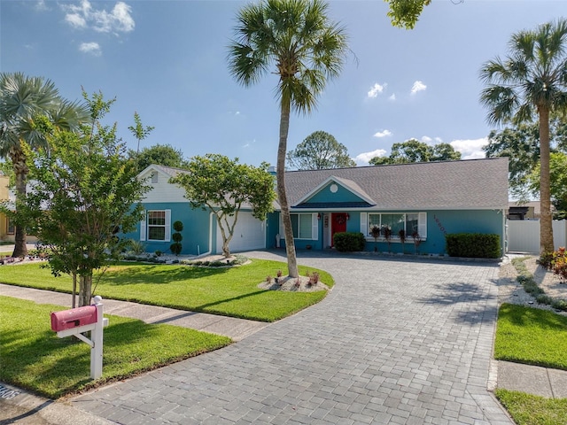 ranch-style home featuring stucco siding, decorative driveway, a front lawn, and fence