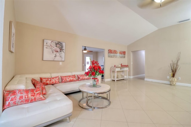 tiled living area with vaulted ceiling, baseboards, a ceiling fan, and visible vents