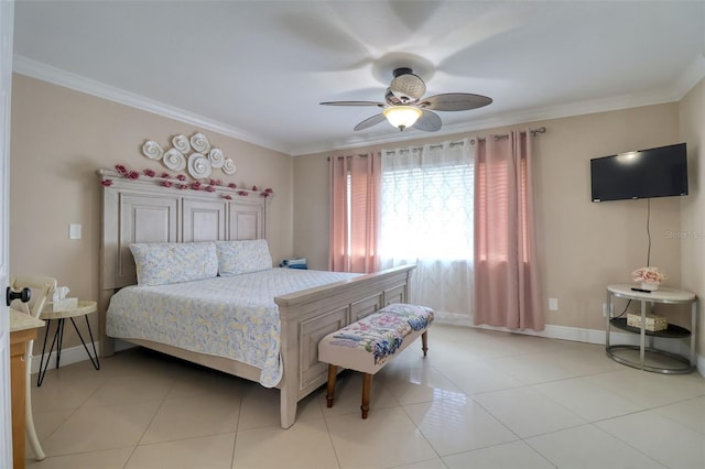 bedroom with baseboards, ornamental molding, ceiling fan, and light tile patterned flooring