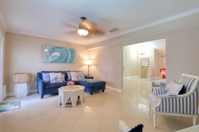 living room with crown molding, tile patterned floors, baseboards, and visible vents