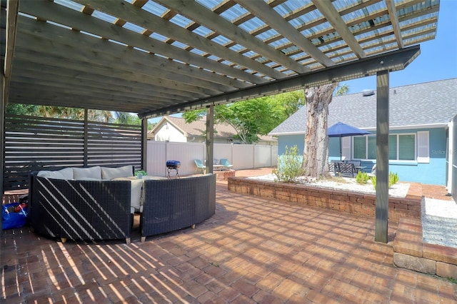 view of patio featuring an outdoor living space, fence, a pergola, and outdoor dining space