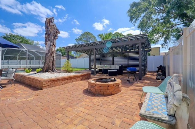 view of patio featuring a pergola, a fenced backyard, and an outdoor living space with a fire pit