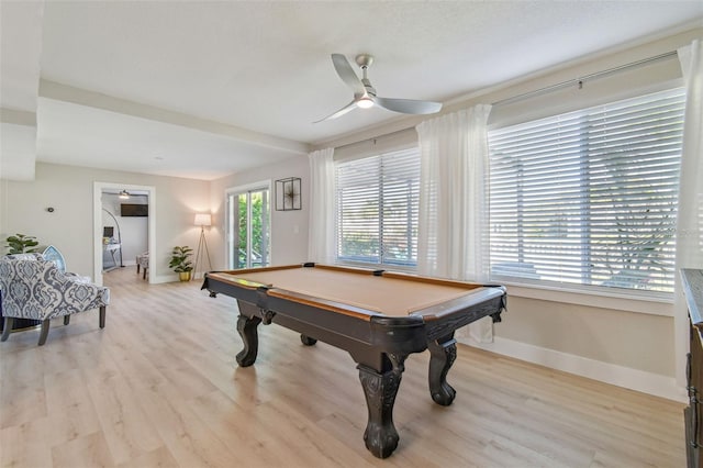 3922 Fontainebleau Dr, Tampa, FL 33634 - recreation room featuring a ceiling fan, baseboards, billiards, and light wood finished floors