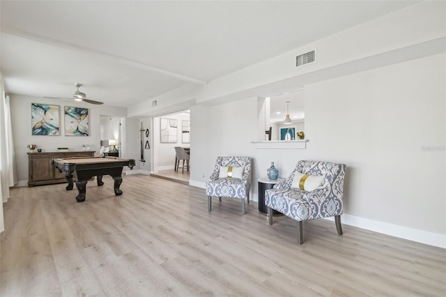 3922 Fontainebleau Dr, Tampa, FL 33634 - game room with billiards, light wood-type flooring, a ceiling fan, and baseboards