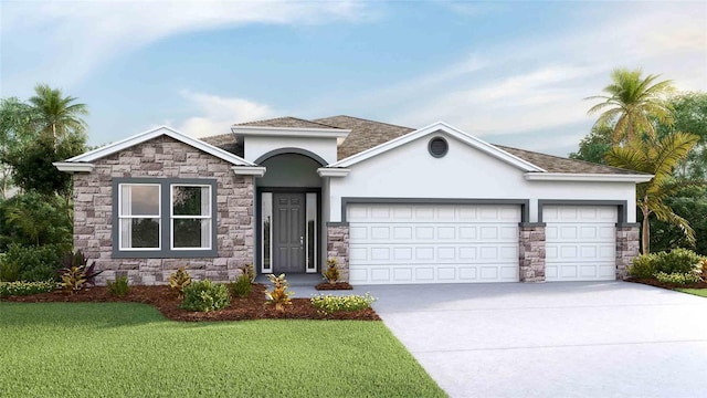 view of front of property with stone siding, a garage, stucco siding, a front yard, and concrete driveway