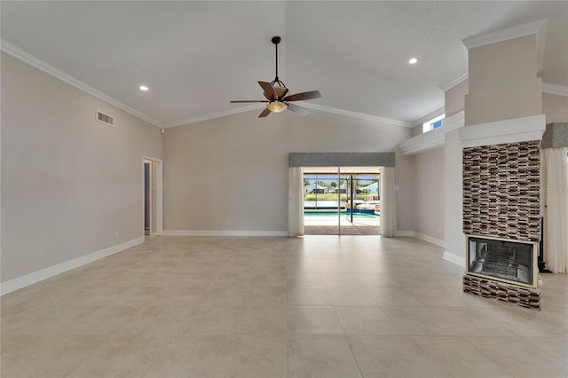 1601 Westerly Dr, Brandon, FL 33511 - unfurnished living room featuring crown molding, a ceiling fan, visible vents, and a fireplace