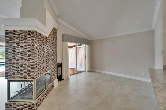 1601 Westerly Dr, Brandon, FL 33511 - unfurnished living room featuring crown molding, baseboards, lofted ceiling, and a fireplace