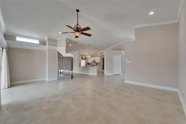 1601 Westerly Dr, Brandon, FL 33511 - unfurnished living room featuring baseboards, ornamental molding, a ceiling fan, and vaulted ceiling