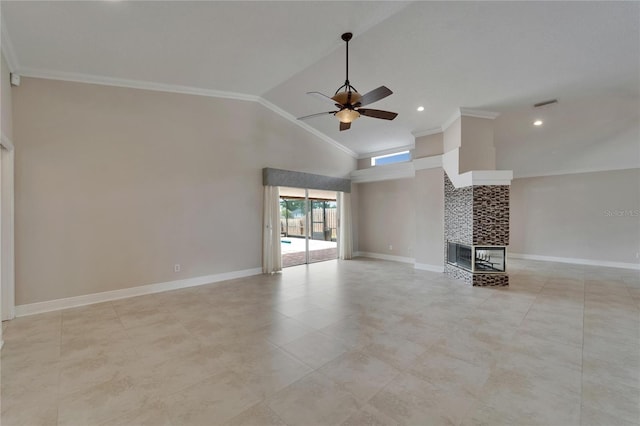 1601 Westerly Dr, Brandon, FL 33511 - unfurnished living room featuring crown molding, ceiling fan, visible vents, and a fireplace