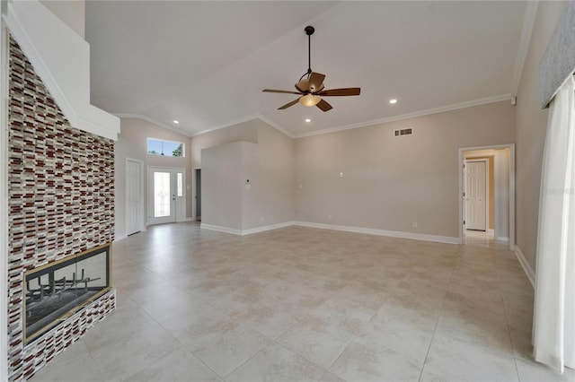 1601 Westerly Dr, Brandon, FL 33511 - unfurnished living room with ceiling fan, visible vents, ornamental molding, and lofted ceiling