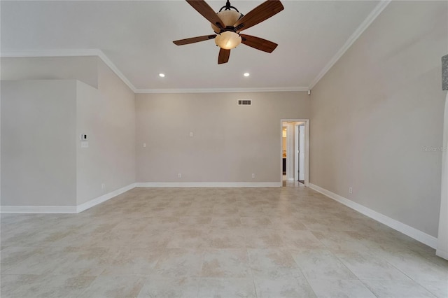 1601 Westerly Dr, Brandon, FL 33511 - unfurnished room featuring a ceiling fan, visible vents, baseboards, ornamental molding, and recessed lighting
