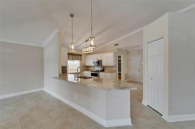 1601 Westerly Dr, Brandon, FL 33511 - kitchen featuring a sink, vaulted ceiling, ornamental molding, and stainless steel appliances