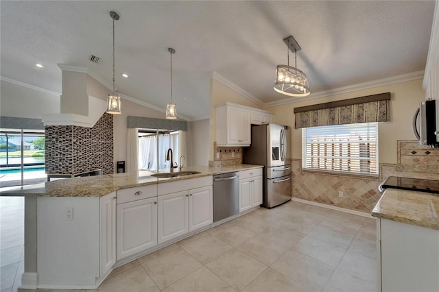1601 Westerly Dr, Brandon, FL 33511 - kitchen with a sink, appliances with stainless steel finishes, lofted ceiling, and ornamental molding