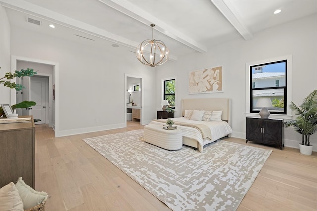 2218 S Occident St, Tampa, FL 33629 - bedroom featuring light wood-style floors, baseboards, a notable chandelier, and beamed ceiling