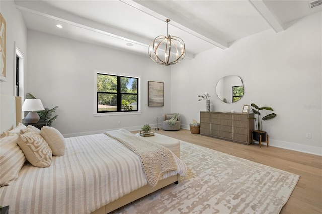 2218 S Occident St, Tampa, FL 33629 - bedroom with wood finished floors, beamed ceiling, baseboards, recessed lighting, and a notable chandelier