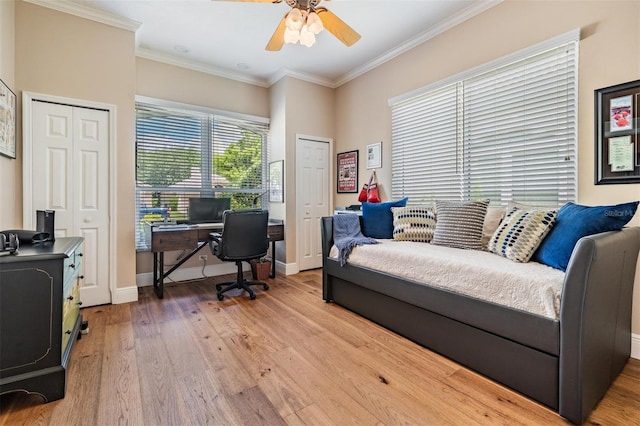 bedroom featuring baseboards, multiple closets, ornamental molding, and light wood-style floors