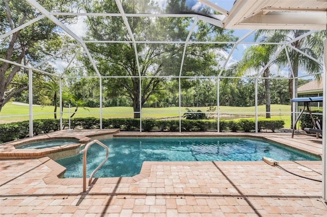 view of pool featuring golf course view, a pool with connected hot tub, a lanai, and a patio area