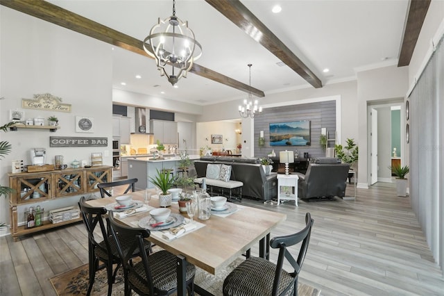 21746 Amelia Rose Way, Land O Lakes, FL 34637 - dining space with an inviting chandelier, recessed lighting, light wood-style floors, and beamed ceiling