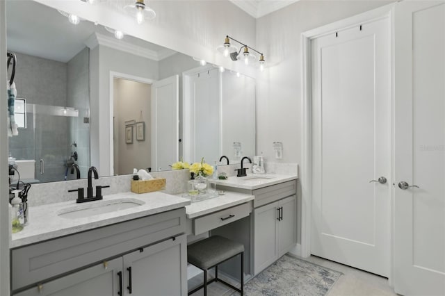 21746 Amelia Rose Way, Land O Lakes, FL 34637 - bathroom with a stall shower, ornamental molding, vanity, and tile patterned flooring
