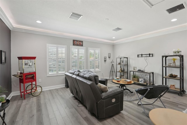 21746 Amelia Rose Way, Land O Lakes, FL 34637 - living area featuring baseboards, visible vents, ornamental molding, and light wood-style floors