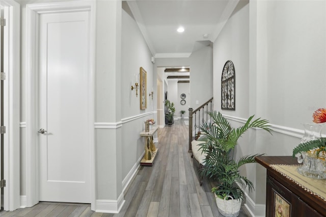 21746 Amelia Rose Way, Land O Lakes, FL 34637 - hallway featuring light wood-style floors, recessed lighting, ornamental molding, and stairs