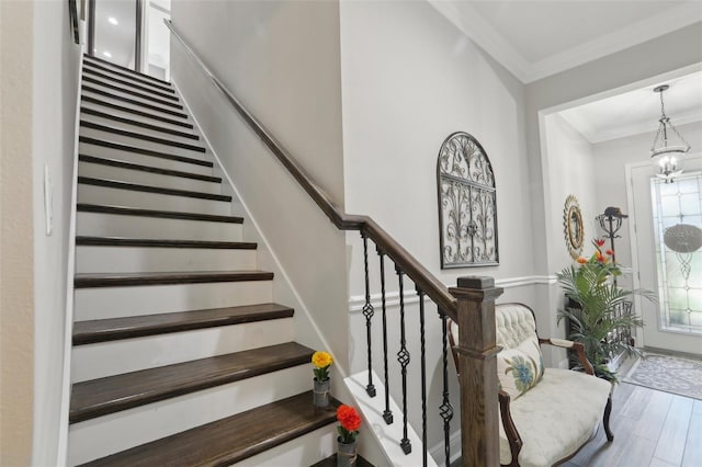 21746 Amelia Rose Way, Land O Lakes, FL 34637 - stairway with a chandelier, ornamental molding, and wood finished floors