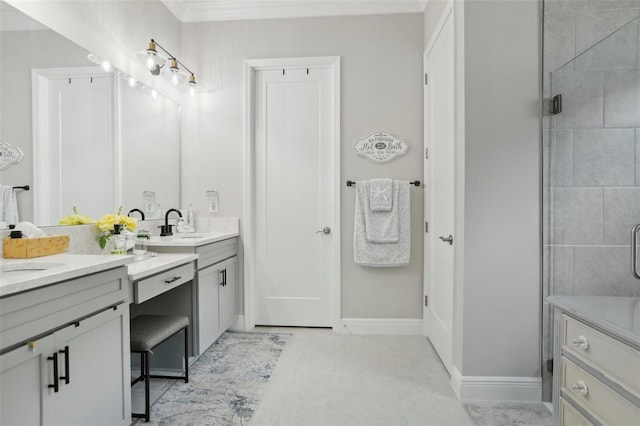 21746 Amelia Rose Way, Land O Lakes, FL 34637 - full bath with crown molding, vanity, baseboards, and a shower stall
