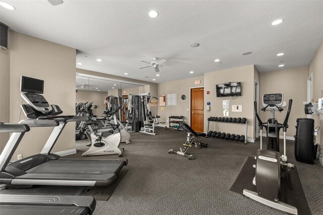 1170 Gulf Blvd Unit 2101, Clearwater Beach, FL 33767 - exercise room with ceiling fan, recessed lighting, a textured ceiling, and baseboards