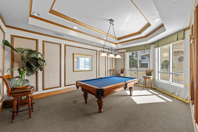 1170 Gulf Blvd Unit 2101, Clearwater Beach, FL 33767 - recreation room featuring a tray ceiling, carpet floors, crown molding, billiards table, and recessed lighting
