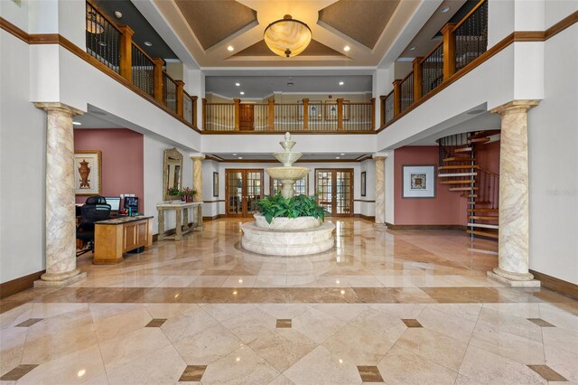 1170 Gulf Blvd Unit 2101, Clearwater Beach, FL 33767 - lobby with a high ceiling, stairway, coffered ceiling, and recessed lighting