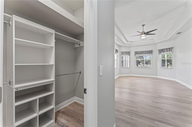 10517 Palm Cove Ave, Tampa, FL 33647 - walk in closet with visible vents, a raised ceiling, ceiling fan, and wood finished floors