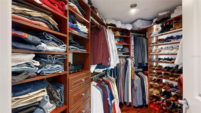walk in closet with wood finished floors